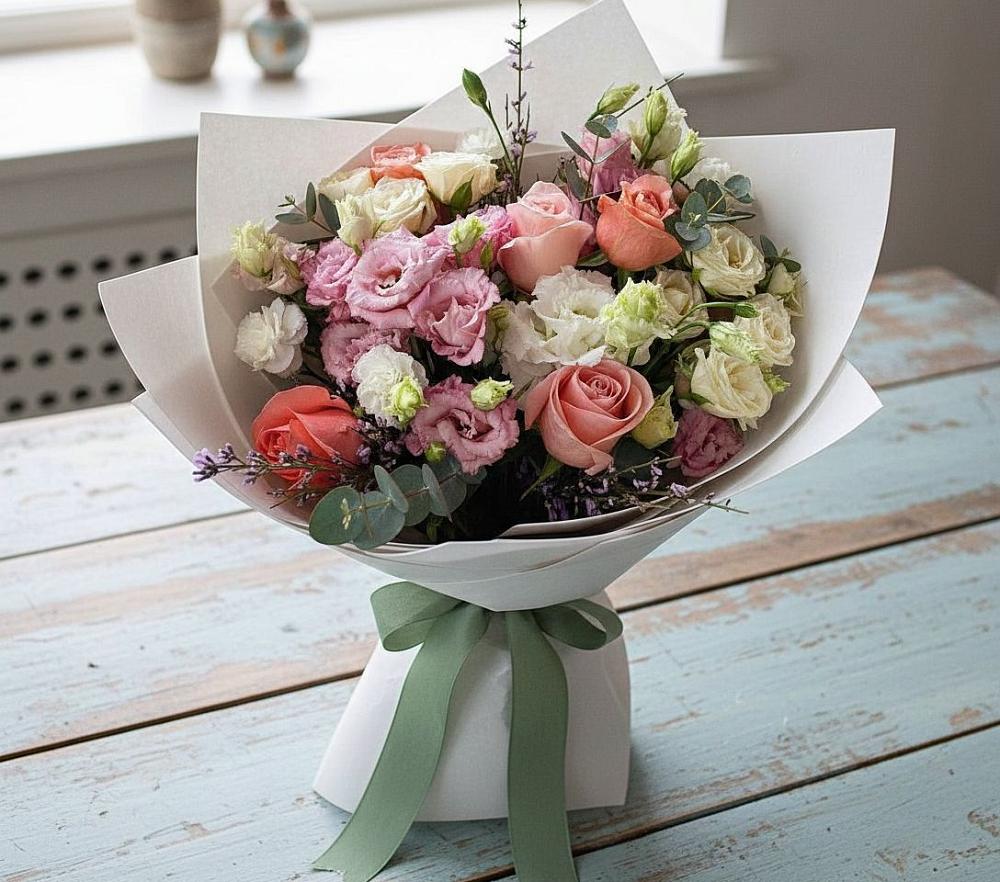 Букет цветов из: Розы, Лизиантусы и Гвоздики в Поспелихе