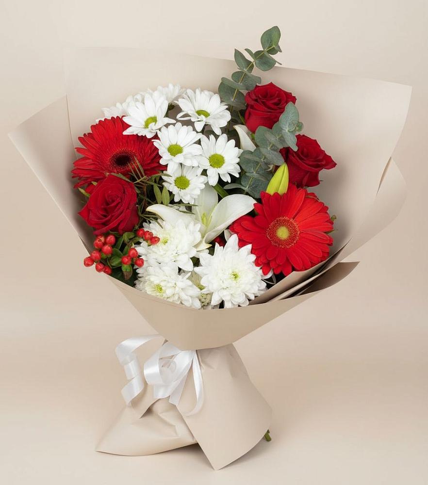 Букет цветов из: Розы, Хризантемы, Герберы и Лилии в Поспелихе