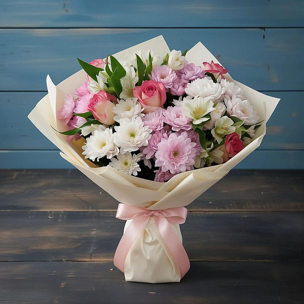 Букет цветов из: Хризантемы, Альстромерии и Розы в Поспелихе